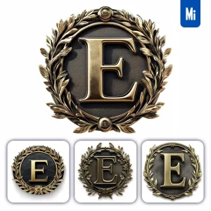 Midjourney Prompt E Letter Badge Gold Coin Golden Dark Olive Branches Round Metal 3D Rendering