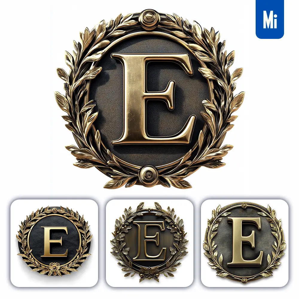 Midjourney Prompt E Letter Badge Gold Coin Golden Dark Olive Branches Round Metal 3D Rendering