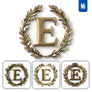Midjourney Prompt E Letter Badge Logo Gold Golden Dark Olive Branches Round Ring Hollow White Metal 3D Rendering