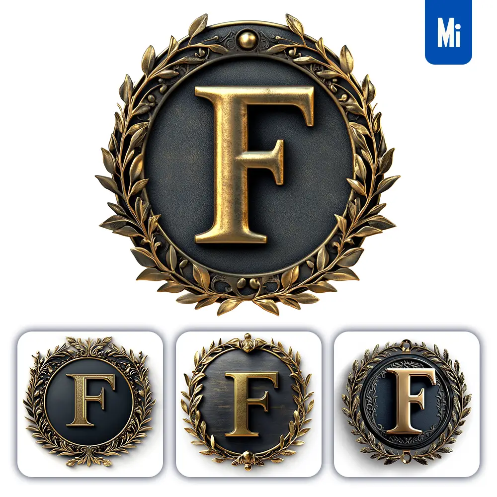 Midjourney Prompt F Letter Badge Gold Coin Golden Dark Olive Branches Round Metal 3D Rendering
