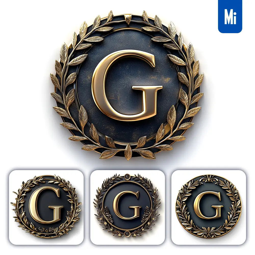 Midjourney Prompt G Letter Badge Gold Coin Golden Dark Olive Branches Round Metal 3D Rendering