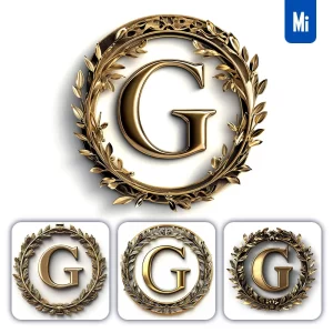 Midjourney Prompt G Letter Badge Logo Gold Golden Dark Olive Branches Round Ring Hollow White Metal 3D Rendering