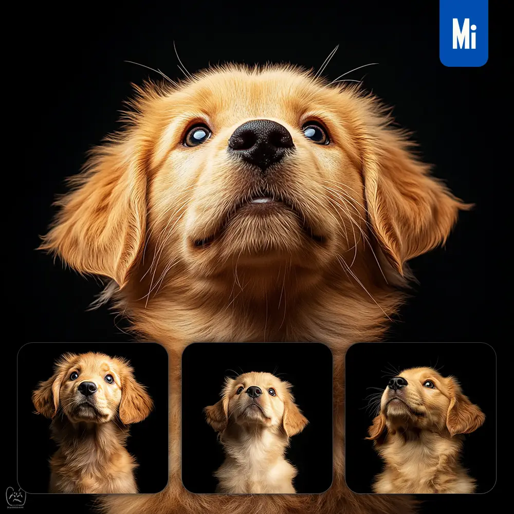 Midjourney Prompt Golden Retriever Puppy Dog Head Face Front Look Up Portrait Photography