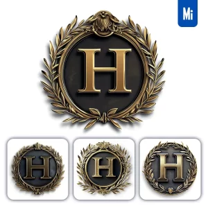 Midjourney Prompt H Letter Badge Gold Coin Golden Dark Olive Branches Round Metal 3D Rendering