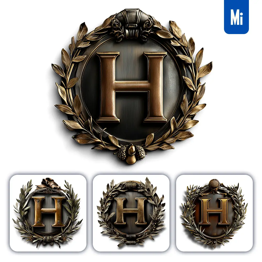 Midjourney Prompt H Letter Logo Retro 3D Rendering Dark Gold Golden Metal