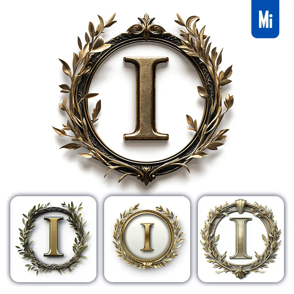 Midjourney Prompt I Letter Badge Logo Gold Golden Dark Olive Branches Round Ring Hollow White Metal 3D Rendering