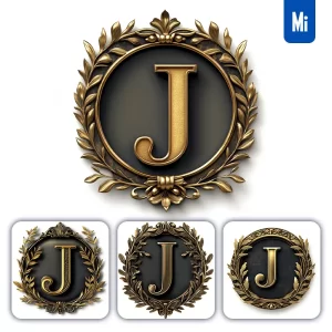 Midjourney Prompt J Letter Badge Gold Coin Golden Dark Olive Branches Round Metal 3D Rendering
