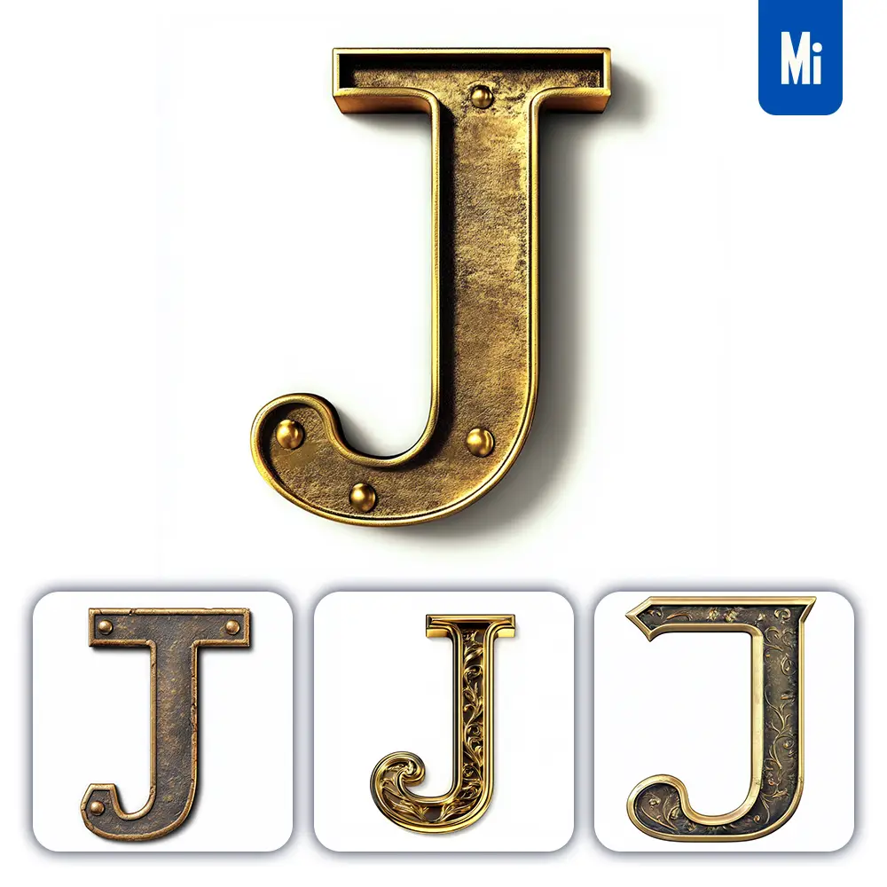Midjourney Prompt J Letter Logo 3D Rendering Gold Golden Metal