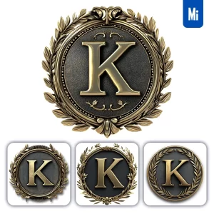Midjourney Prompt K Letter Badge Gold Coin Golden Dark Olive Branches Round Metal 3D Rendering