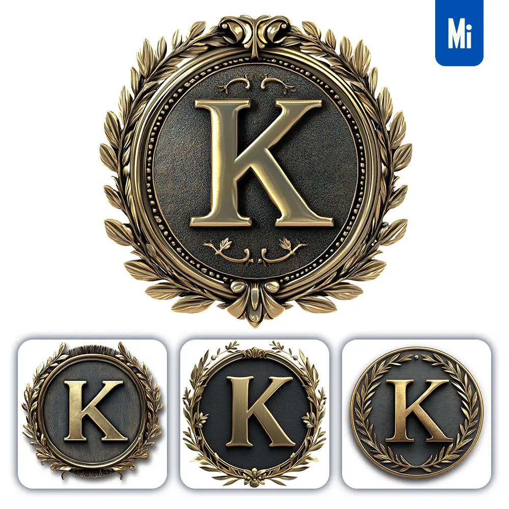 Midjourney Prompt K Letter Badge Gold Coin Golden Dark Olive Branches Round Metal 3D Rendering