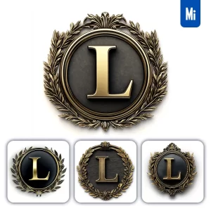Midjourney Prompt L Letter Badge Gold Coin Golden Dark Olive Branches Round Metal 3D Rendering