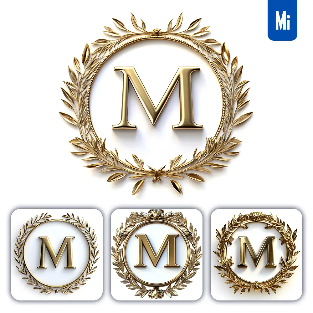 Midjourney Prompt M Letter Badge Logo Gold Golden Dark Olive Branches Round Ring Hollow White Metal 3D Rendering