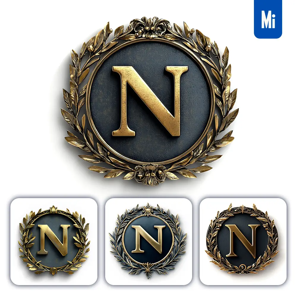 Midjourney Prompt N Letter Badge Gold Coin Golden Dark Olive Branches Round Metal 3D Rendering