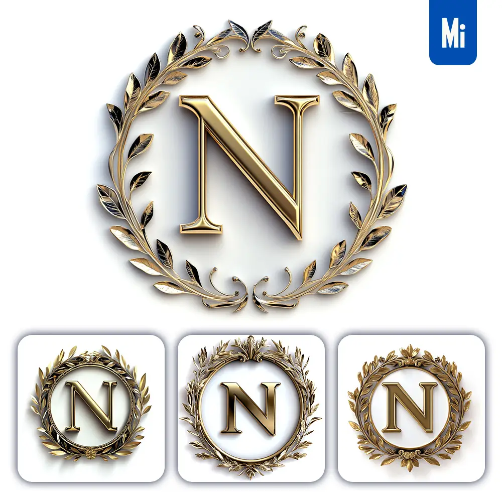 Midjourney Prompt N Letter Badge Logo Gold Golden Dark Olive Branches Round Ring Hollow White Metal 3D Rendering
