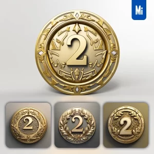 Midjourney Prompt Number 2 Round Badge Logo 3D Rendering Gold Golden Metal
