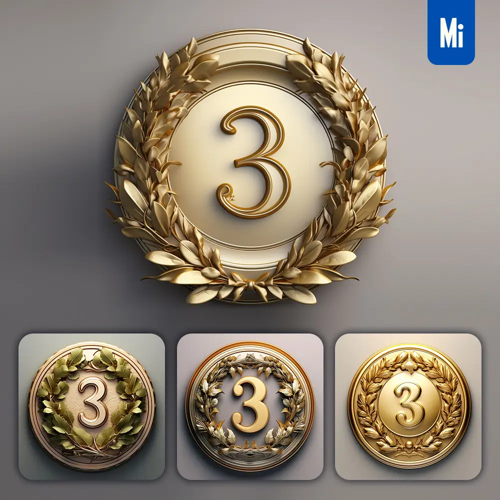 Midjourney Prompt Number 3 Round Badge Logo 3D Rendering Gold Golden Metal