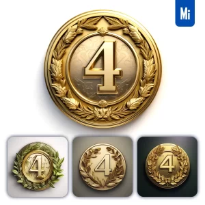 Midjourney Prompt Number 4 Round Badge Logo 3D Rendering Gold Golden Metal