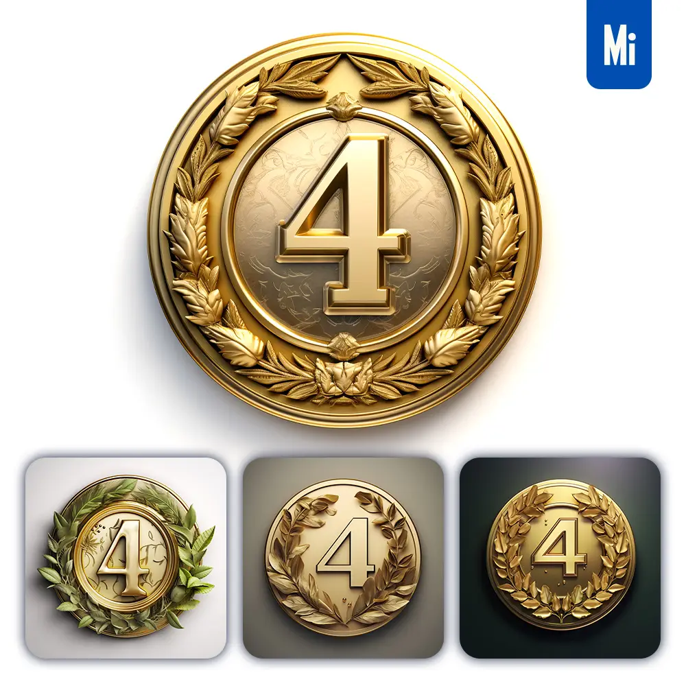 Midjourney Prompt Number 4 Round Badge Logo 3D Rendering Gold Golden Metal