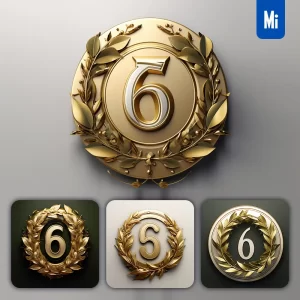Midjourney Prompt Number 6 Round Badge Logo 3D Rendering Gold Golden Metal