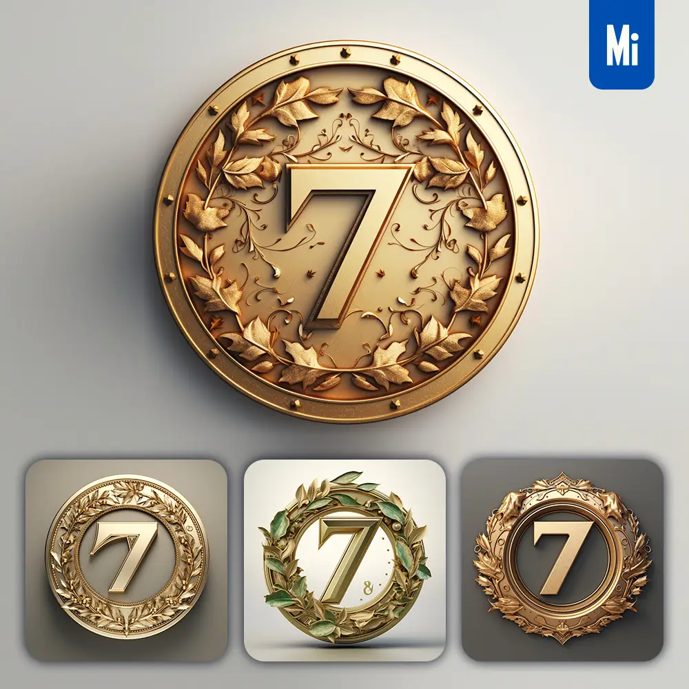 Midjourney Prompt Number 7 Round Badge Logo 3D Rendering Gold Golden Metal