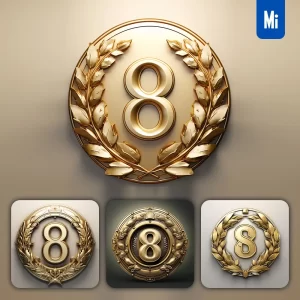 Midjourney Prompt Number 8 Round Badge Logo 3D Rendering Gold Golden Metal
