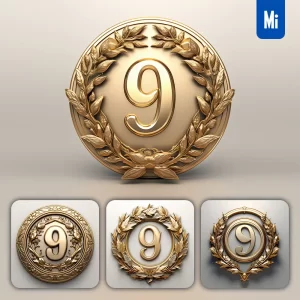 Midjourney Prompt Number 9 Round Badge Logo 3D Rendering Gold Golden Metal
