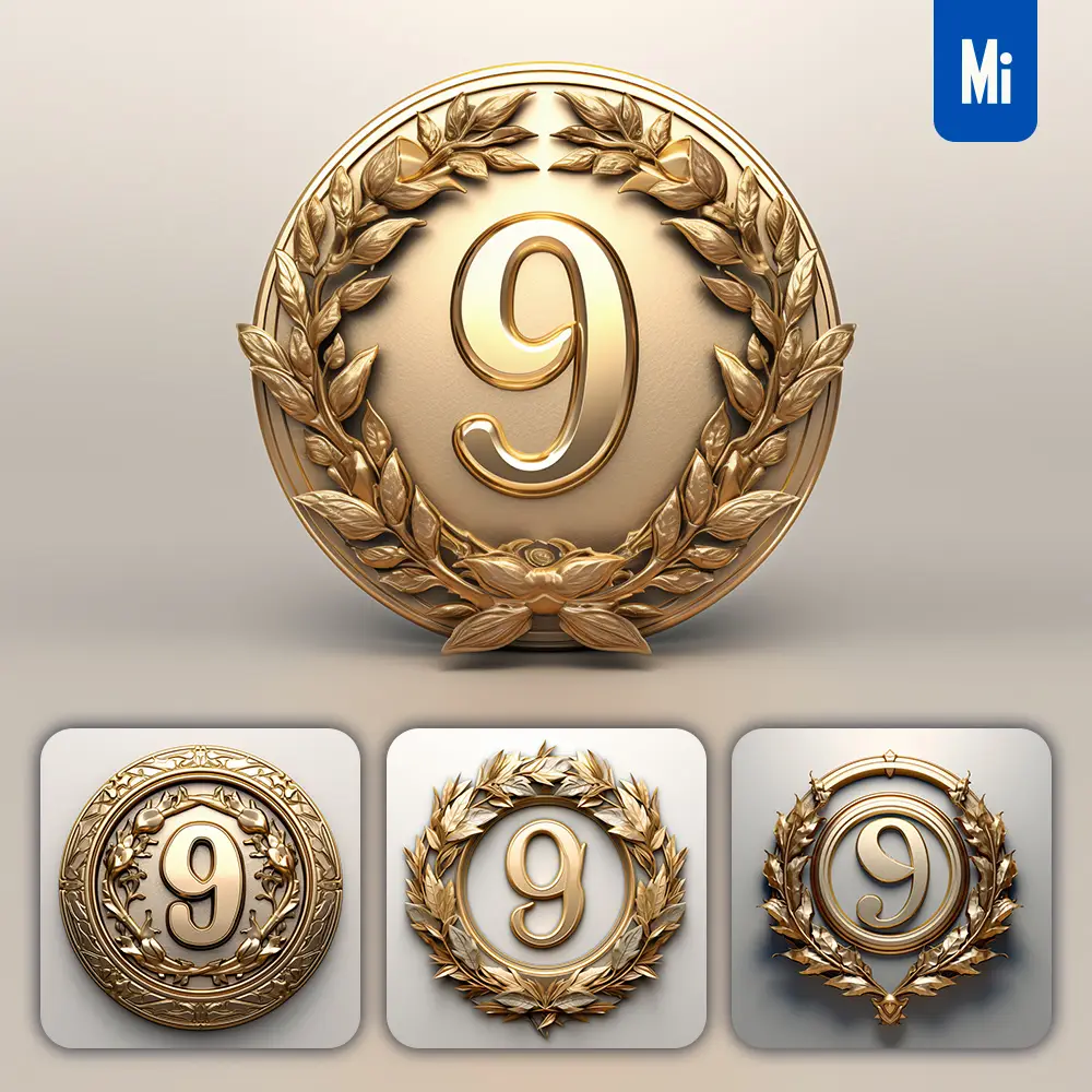 Midjourney Prompt Number 9 Round Badge Logo 3D Rendering Gold Golden Metal