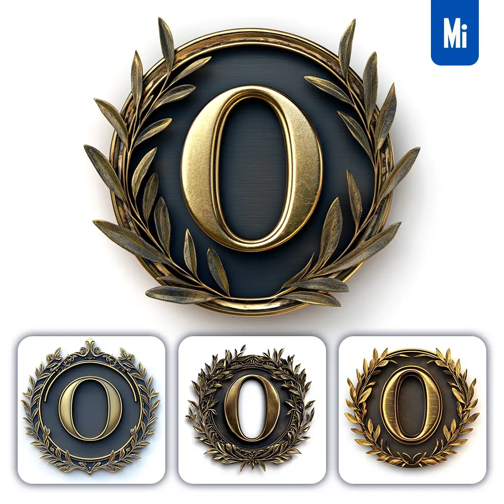 Midjourney Prompt O Letter Badge Gold Coin Golden Dark Olive Branches Round Metal 3D Rendering