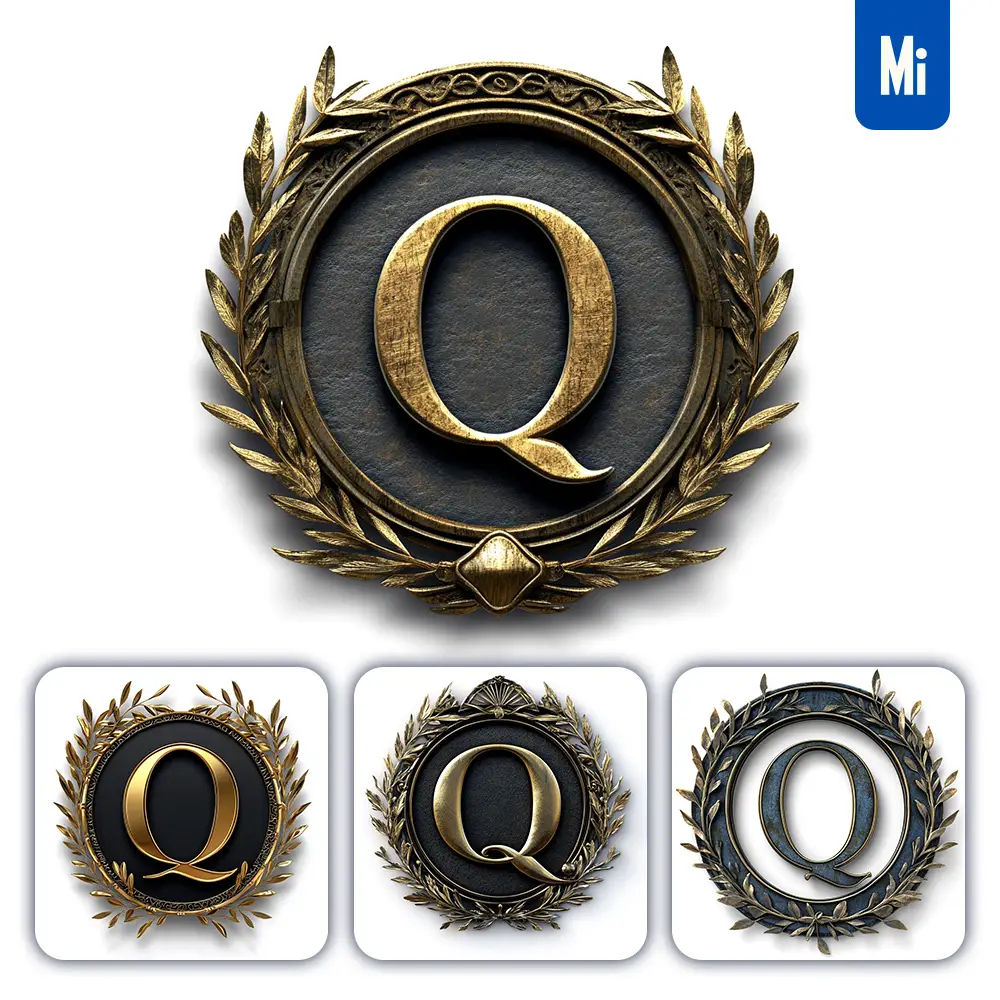 Midjourney Prompt Q Letter Badge Gold Coin Golden Dark Olive Branches Round Metal 3D Rendering