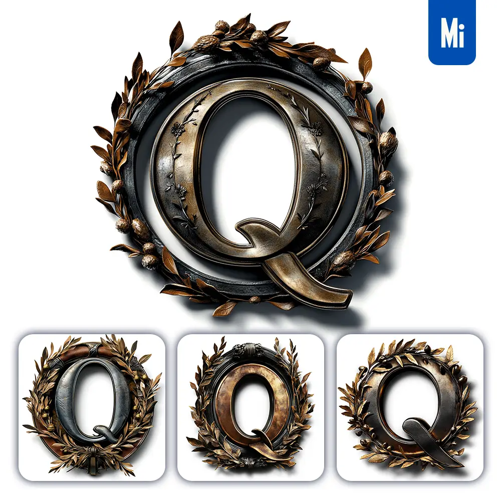 Midjourney Prompt Q Letter Logo Retro 3D Rendering Dark Gold Golden Metal