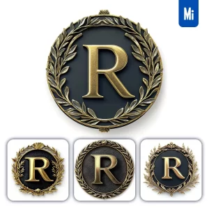 Midjourney Prompt R Letter Badge Gold Coin Golden Dark Olive Branches Round Metal 3D Rendering
