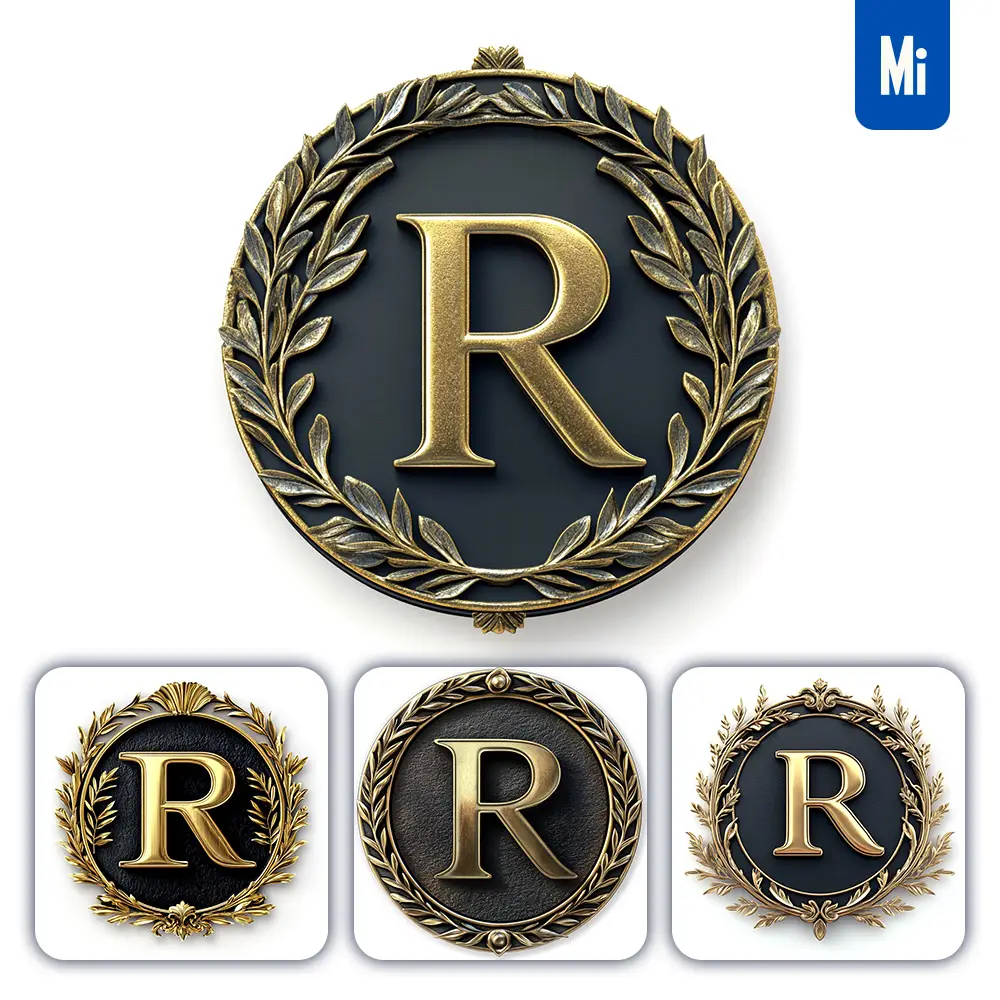 Midjourney Prompt R Letter Badge Gold Coin Golden Dark Olive Branches Round Metal 3D Rendering