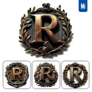 Midjourney Prompt R Letter Logo Retro 3D Rendering Dark Gold Golden Metal
