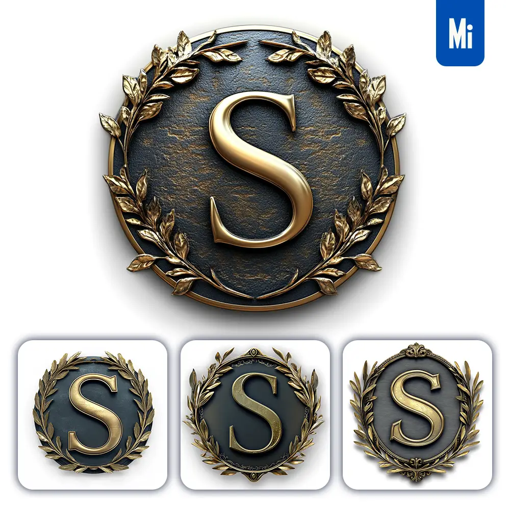 Midjourney Prompt S Letter Badge Gold Coin Golden Dark Olive Branches Round Metal 3D Rendering