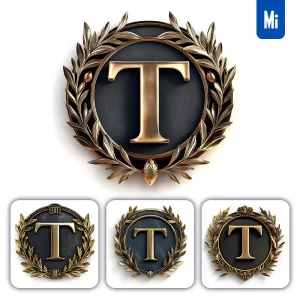 Midjourney Prompt T Letter Badge Gold Coin Golden Dark Olive Branches Round Metal 3D Rendering