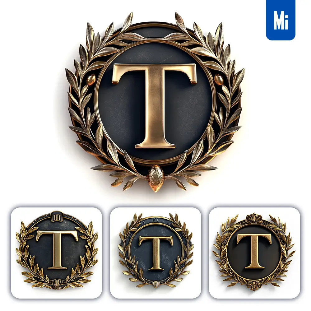 Midjourney Prompt T Letter Badge Gold Coin Golden Dark Olive Branches Round Metal 3D Rendering