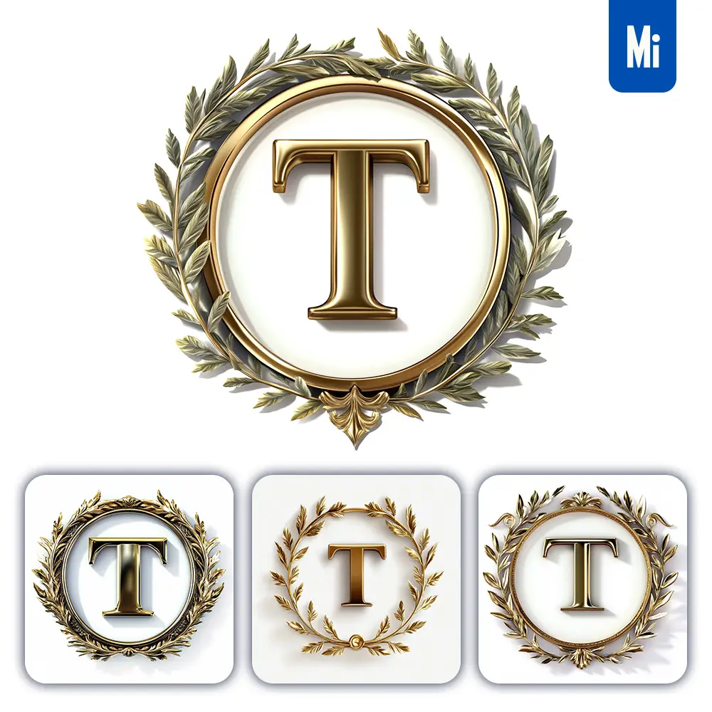 Midjourney Prompt T Letter Badge Logo Gold Golden Dark Olive Branches Round Ring Hollow White Metal 3D Rendering