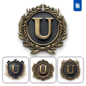 Midjourney Prompt U Letter Badge Gold Coin Golden Dark Olive Branches Round Metal 3D Rendering