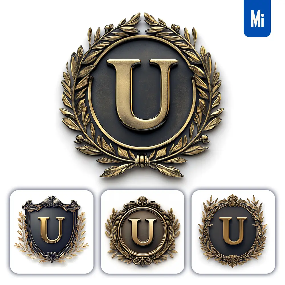 Midjourney Prompt U Letter Badge Gold Coin Golden Dark Olive Branches Round Metal 3D Rendering