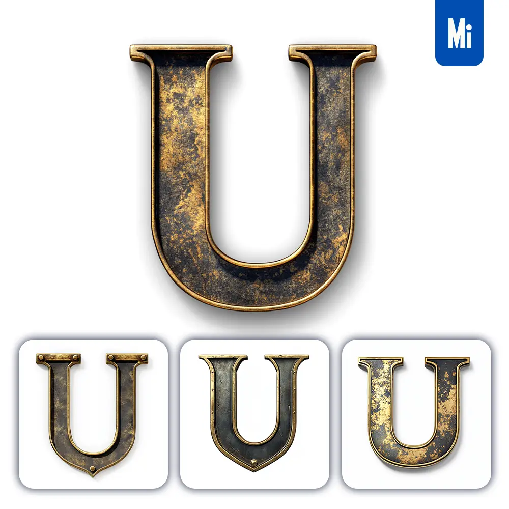 Midjourney Prompt U Letter Logo 3D Rendering Gold Golden Metal