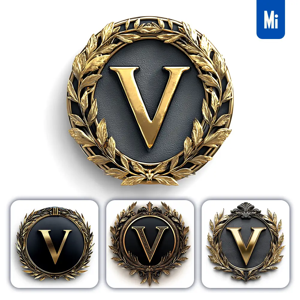 Midjourney Prompt V Letter Badge Gold Coin Golden Dark Olive Branches Round Metal 3D Rendering