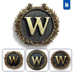 Midjourney Prompt W Letter Badge Gold Coin Golden Dark Olive Branches Round Metal 3D Rendering