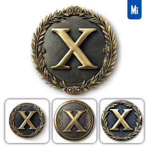 Midjourney Prompt X Letter Badge Gold Coin Golden Dark Olive Branches Round Metal 3D Rendering