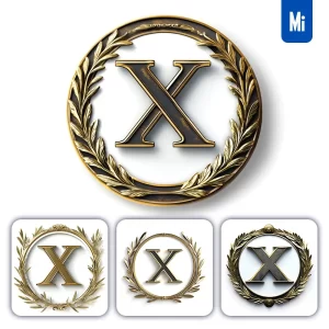 Midjourney Prompt X Letter Badge Logo Gold Golden Dark Olive Branches Round Ring Hollow White Metal 3D Rendering