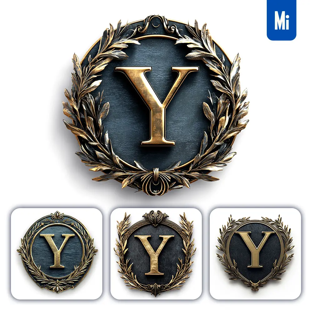 Midjourney Prompt Y Letter Badge Gold Coin Golden Dark Olive Branches Round Metal 3D Rendering