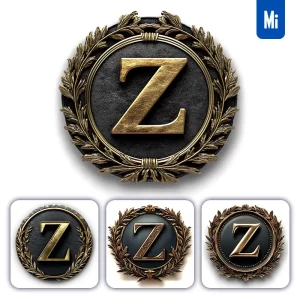 Midjourney Prompt Z Letter Badge Gold Coin Golden Dark Olive Branches Round Metal 3D Rendering