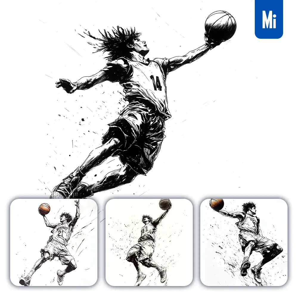 Midjourney Prompt NBA Basketball Player Jump Action Ink Sketches Manga Comic Drawing