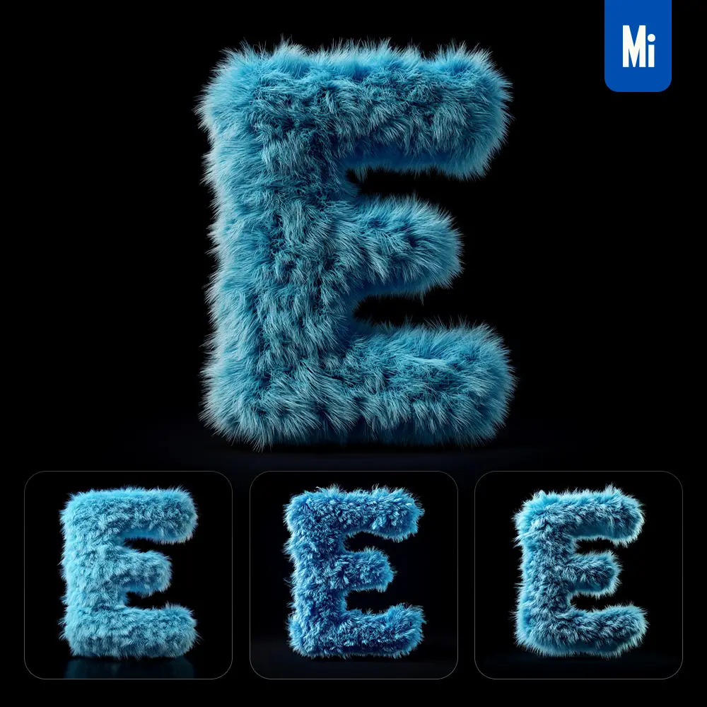 Midjourney Prompt Blue E Letter Plush Fluffy Cute 3D Toy