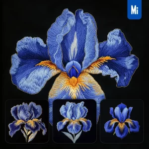 Midjourney Prompt Blue Iris Flower Petals Chinese Silk Artistry Embroidery Pattern