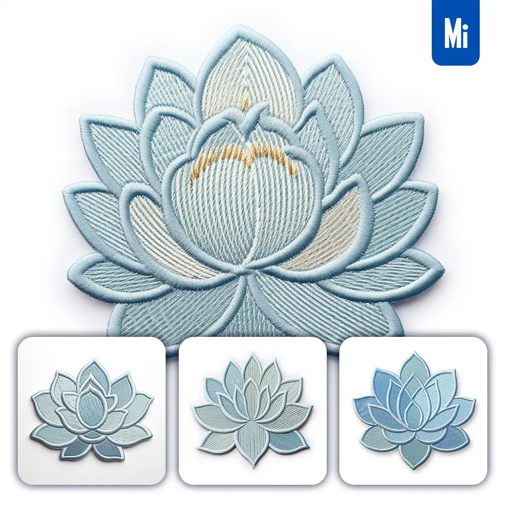 Midjourney Prompt Blue Lotus Flower Flat Embroidery Fabric Gradient